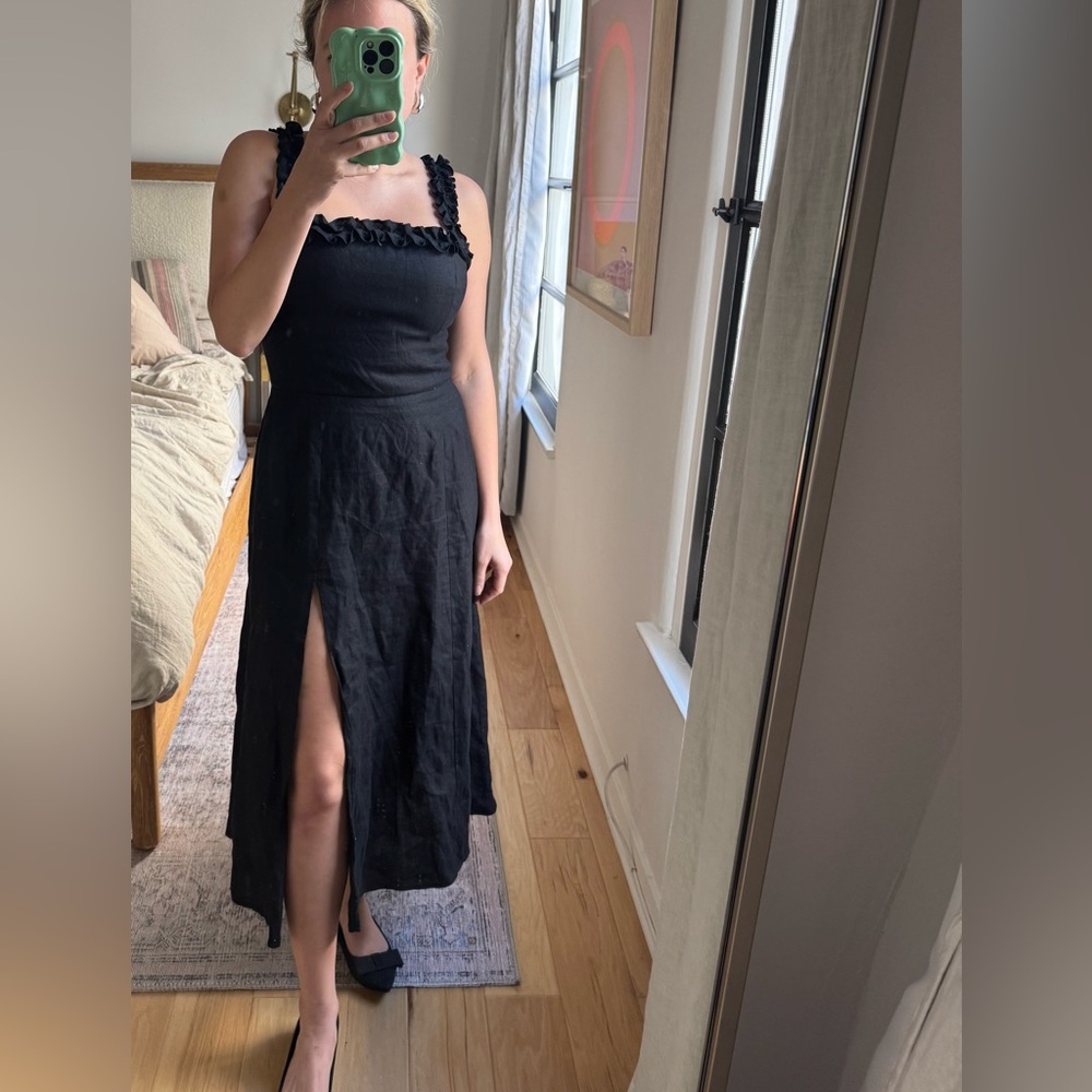 Reformation Black Ruffle accent slit dress